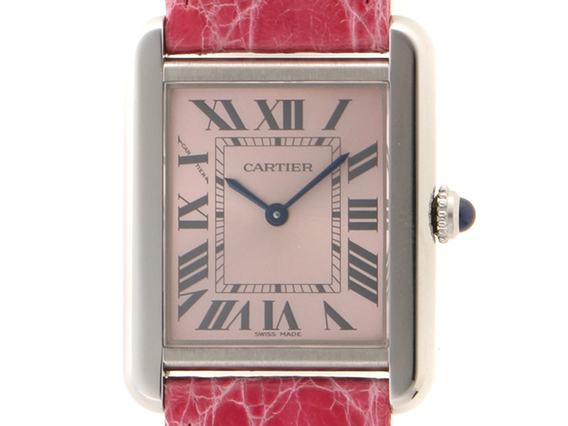Cartier カルティエ タンク・ソロSM W5200000 3170 ピンク文字盤 SS/革ベルト 時計 クォーツ【472】HU