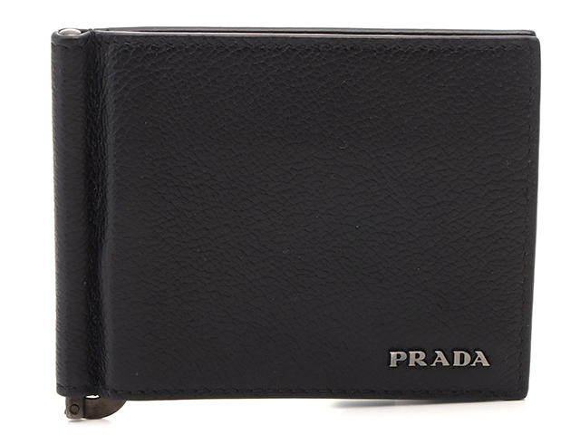 PRADA プラダ 二つ折りマネークリップ レザー ブラック シルバー金具 ...