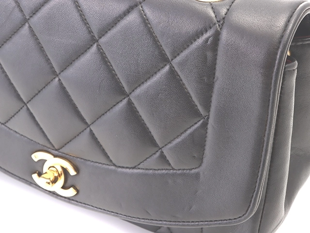 CHANEL シャネル マトラッセ ダイアナフラップ チェーンショルダー ブラック ラムスキン【432】2148103586101