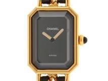 CHANEL シャネル 腕時計 プルミエールL H0001 ゴールドメッキ/革 ブラック文字盤 Lサイズ クオーツ【472】SJ