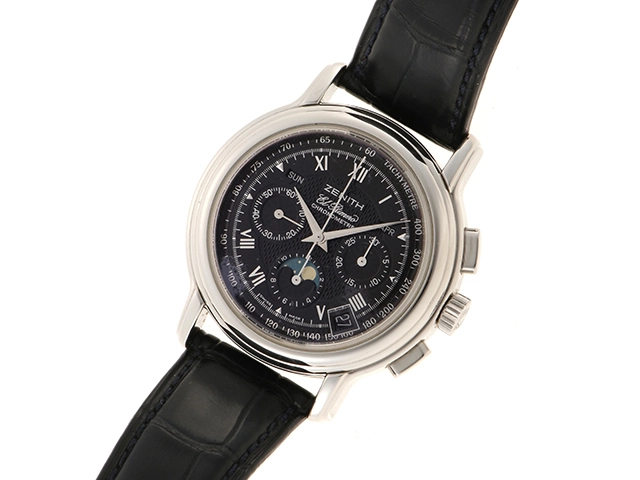 ZENITH ゼニス 腕時計 クロノマスター ムーンフェイズ 01.0240.410 ステンレス/アリゲーターベルト ブラック文字盤 自動巻き【472】SJ