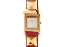 HERMES　エルメス　メドール　X刻印　レディース　GP/革　ホワイト文字盤【436】2148103644924