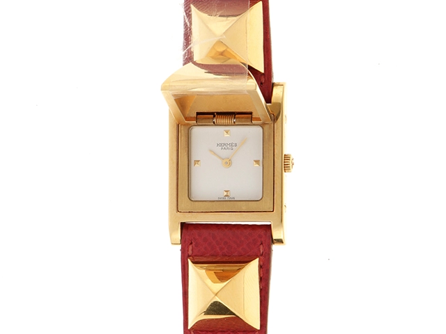 HERMES　エルメス　メドール　X刻印　レディース　GP/革　ホワイト文字盤【436】2148103644924