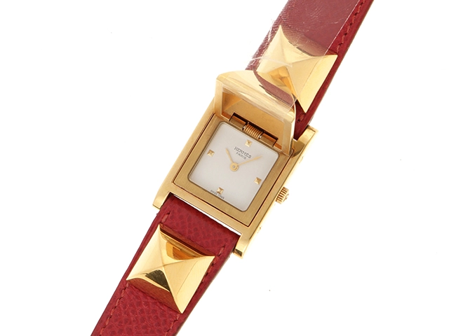 HERMES　エルメス　メドール　X刻印　レディース　GP/革　ホワイト文字盤【436】2148103644924