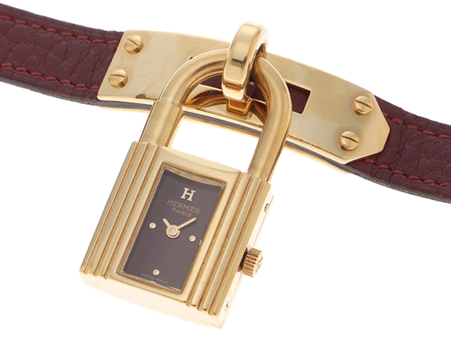 HERMES　エルメス　時計　レディース用　ケリーウォッチ　KE1.201　メッキゴールド/レザー　ワインレッド文字盤　〇S　1989年製【430】2148103652370