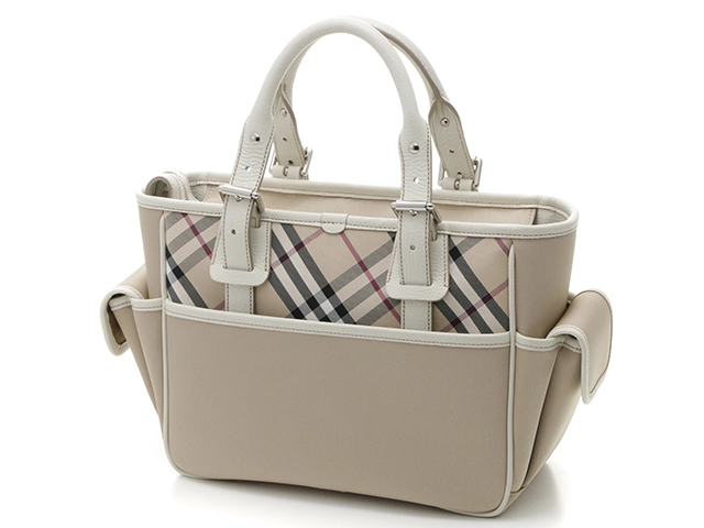 BURBERRY　バーバリー　チェックエ　ハンドバッグ　ベージュ　ホワイト　ナイロン　レザー　【431】2148103653063