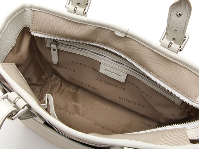 BURBERRY　バーバリー　チェックエ　ハンドバッグ　ベージュ　ホワイト　ナイロン　レザー　【431】2148103653063