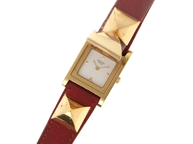 HERMES エルメス 腕時計 メドール ME1.210 GP/革 ホワイト文字盤 クォーツ【472】TS