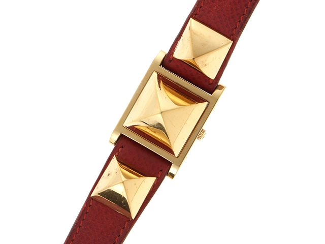 HERMES エルメス 腕時計 メドール ME1.210 GP/革 ホワイト文字盤 クォーツ【472】TS