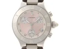 Cartier　カルティエ　腕時計　クロノスカフ　W1020012 SS/革　クォーツ　ピンク文字盤　レディース時計【434】