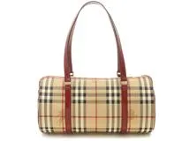 BURBERRY バーバリー　ハウスチェック 筒形ハンドバッグ ベージュ/ボルドー レザー　【472】HSA