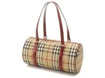 BURBERRY バーバリー　ハウスチェック 筒形ハンドバッグ ベージュ/ボルドー レザー　【472】HSA