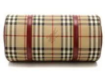 BURBERRY バーバリー　ハウスチェック 筒形ハンドバッグ ベージュ/ボルドー レザー　【472】HSA