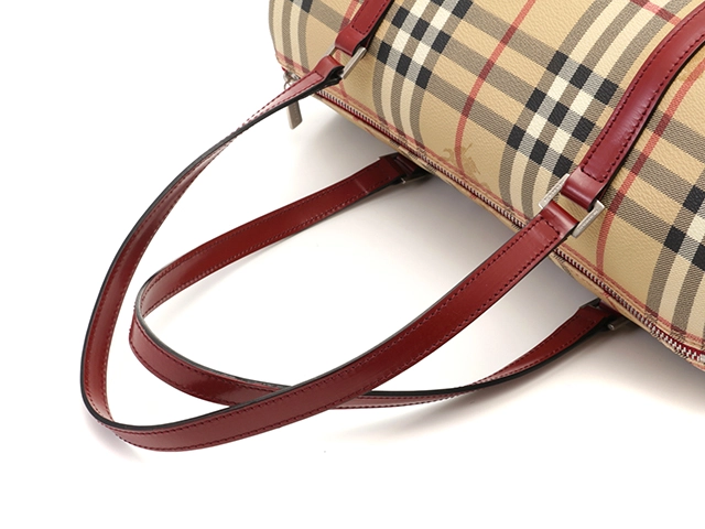 BURBERRY バーバリー　ハウスチェック 筒形ハンドバッグ ベージュ/ボルドー レザー　【472】HSA
