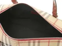 BURBERRY バーバリー　ハウスチェック 筒形ハンドバッグ ベージュ/ボルドー レザー　【472】HSA