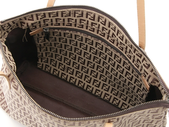 FENDI　フェンディ　ズッキーノ　トートバッグ　ベージュ　ブラウン　キャンバス 　レザー　8BH023【472】HG