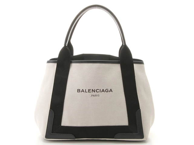 BALENCIAGA　バレンシアガ　ネイビースモールカバス　オフホワイト/ブラック　キャンバス　レザー　【431】