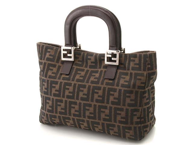 FENDI 　フェンディ　ズッカハンドバッグ　ベージュ　ダークブラウン　キャンバス　レザー　26693【472】HG