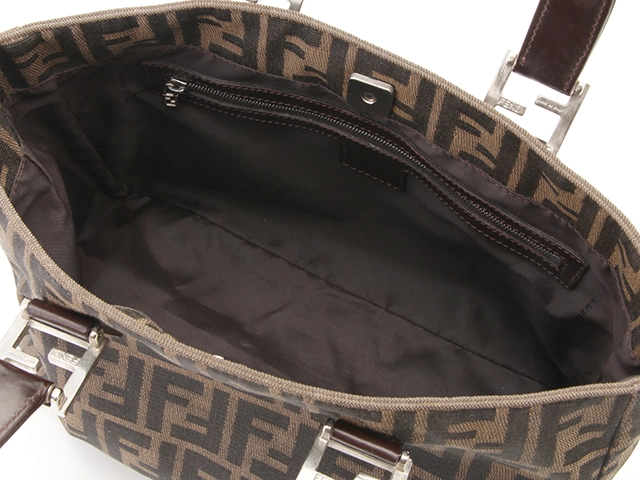 FENDI 　フェンディ　ズッカハンドバッグ　ベージュ　ダークブラウン　キャンバス　レザー　26693【472】HG