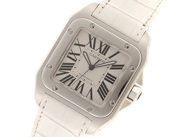 Cartier カルティエ 腕時計 サントス100 LM W20073X8 スティール/アリゲーターベルト ホワイト文字盤 自動巻き【472】SJ