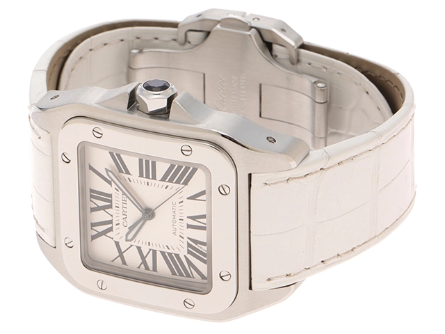 Cartier カルティエ 腕時計 サントス100 LM W20073X8 スティール/アリゲーターベルト ホワイト文字盤 自動巻き【472】SJ