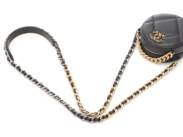 シャネル　CHANEL19　ラウンドチェーンショルダー　ブラック／ＧＰ／ＳＶ　レザー【430】2148103706387
