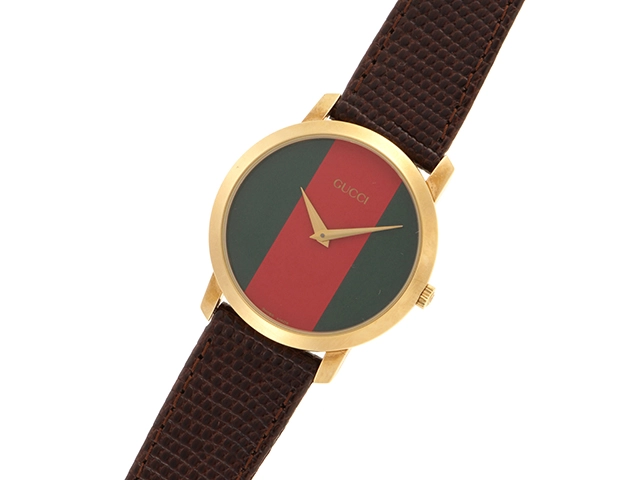 GUCCI　グッチ　シェリーライン  2200M　レッド×グリーン文字盤　GP/革　クオーツ　メンズ時計　2148103713231【433】