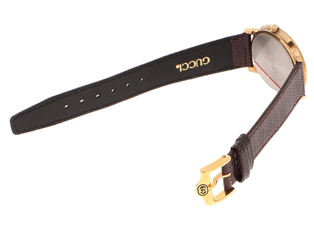 GUCCI　グッチ　シェリーライン  2200M　レッド×グリーン文字盤　GP/革　クオーツ　メンズ時計　2148103713231【433】