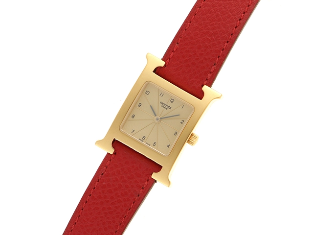 HERMES　エルメス　Hウォッチ　HH1.201　GP/カワ　シャンパン　レディース　クォーツ2148103715488【432】