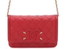 CHANEL　シャネル　ＣＣフィリグリー　チェーンウォレット　レッドスラッシュＧＰ　キャビア　【472】YN
