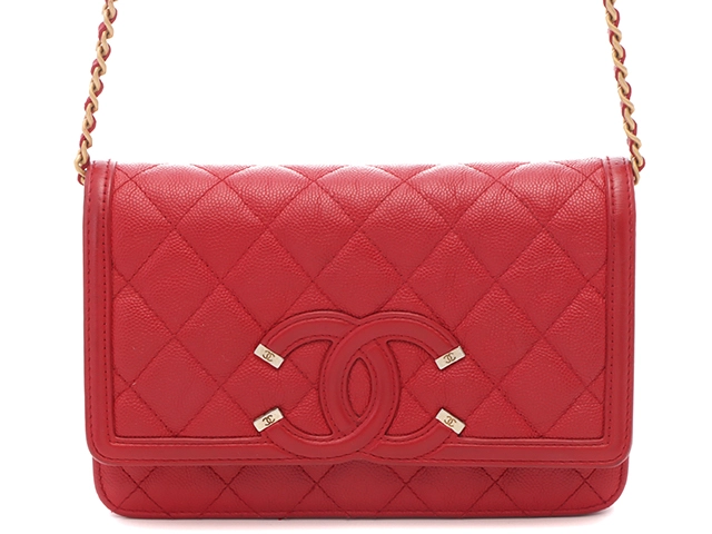 CHANEL　シャネル　ＣＣフィリグリー　チェーンウォレット　レッドスラッシュＧＰ　キャビア　【472】YN