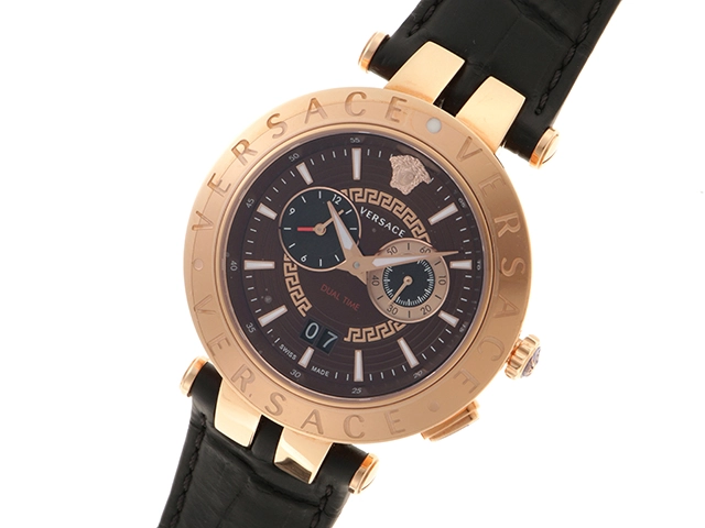 VERSACE　ヴェルサーチ　Vレースデュアルタイム　VEBR00722　腕時計　ブラウン文字盤　クオーツ　メッキ・ステンレススチールケース/革ベルト　メンズ　2148103738883　【205】