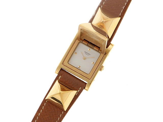 HERMES エルメス 腕時計 クォーツ メドール ゴールドメッキ/革Ⓧ ME1.201 2148103740312【437】
