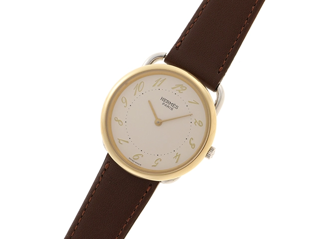 HERMES エルメス アルソー アイボリー文字盤 GP/SS/革 レディース腕時計【207】2148103740350