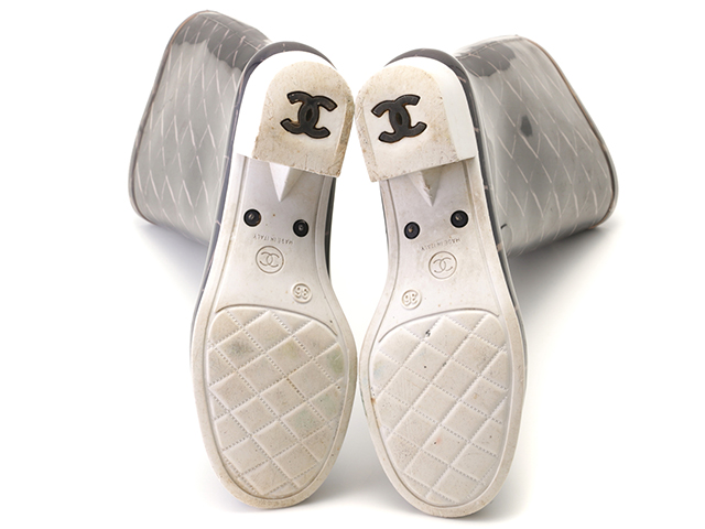 CHANEL　シャネル　マトラッセ柄レインブーツ　レディース36　ブラック/ホワイト　ラバー　2148103748455　【432】