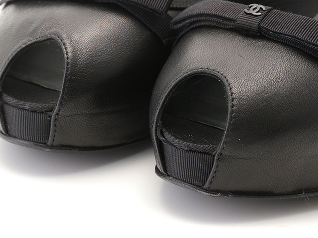 CHANEL　シャネル　オープントゥリボンタイパンプス　レディース38　ブラック　レザー　G26721　2148103748585　【432】