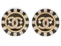 CHANEL　シャネル　ボーダー　ボタンピアス　ブラック　ホワイト　GP　プラスチック　ラインストーン　2148103757983　【432】