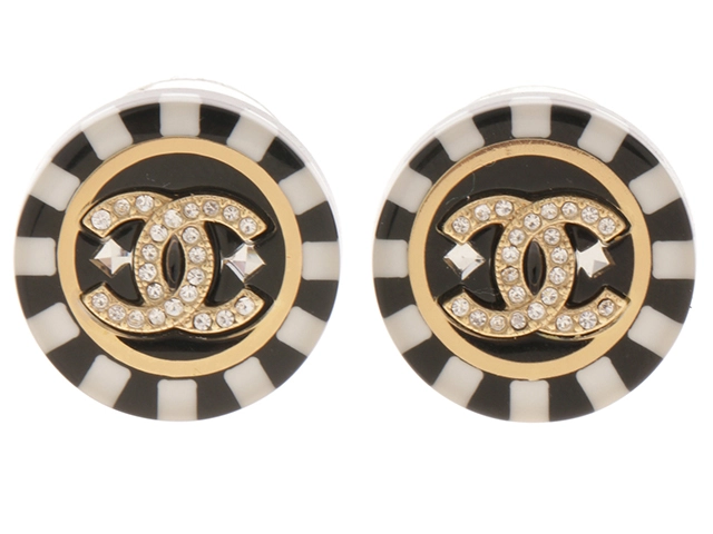 CHANEL シャネル ボーダー ボタンピアス ブラック ホワイト GP