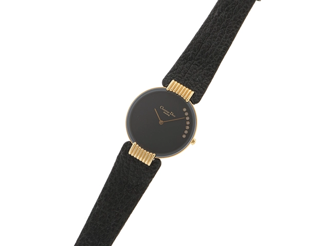 Dior ディオール バギラ ブラックムーン7Pダイヤ 47.153.4 (D46.153.5) ブラック文字盤 ゴールドメッキ/革 クオーツ レディース時計 2148103764929【433】