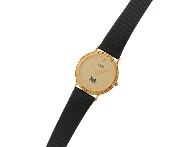 CELINE セリーヌ ホースキャリッジ H.2904.3 ゴールド文字盤 GP/革 クオーツ レディース時計 2148103765230【207】