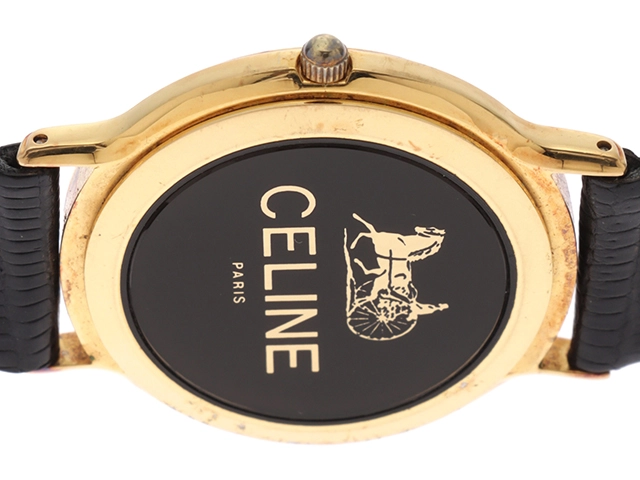 CELINE セリーヌ ホースキャリッジ H.2904.3 ゴールド文字盤 GP/革 クオーツ レディース時計 2148103765230【207】