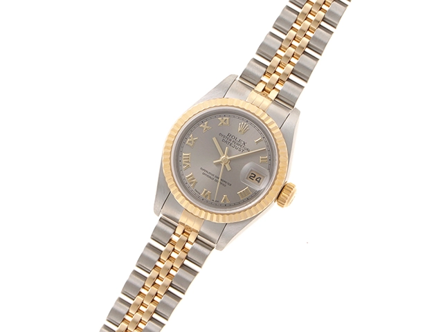 Y番国際保証書有　ROLEX　ロレックス　時計　デイトジャスト　79173　グレーローマン　YG/SS　自動巻き　レディース　M