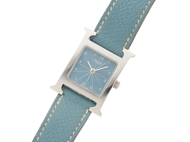 HERMES　エルメス　Hウォッチ　HH1.210　ブルー文字盤　ステンレススチール/革　クオーツ　レディース時計【431】2148103777387