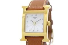 HERMES エルメス Hウォッチ HH1.201 GP/レザー ホワイト文字盤 クォーツ 【460】2148103788017