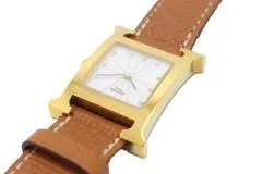 HERMES エルメス Hウォッチ HH1.201 GP/レザー ホワイト文字盤 クォーツ 【460】2148103788017