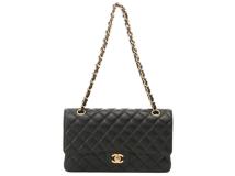 CHANEL シャネル マトラッセＷフラップ25 Ｗチェーンショルダーバッグ ブラック GP ゴルード金具 キャビア 2148103799822【200】