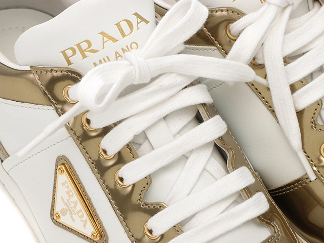 PRADA　プラダ　ダウンタウンスニーカー　メンズ7　ホワイト/ゴールド　レザー　2EE364　2148103801426　【432】