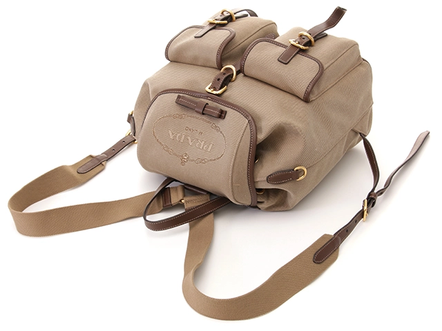 PRADA プラダ ロゴリュックサック キャンバス/レザー カーキ/ブラウン 1BZ006【472】YK
