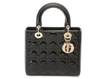 DIOR ディオール カナージュ レディディオールミディアムハンドバッグ パテント ブラック/ゴールド金具【472】YK