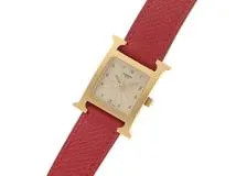Hermes H watch HH1.201 red leather belt gold case Ladies